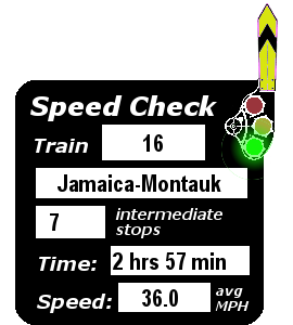 Train 16 (Jamaica-Montauk): 7 stops; 2:57; 36.0 MPH
