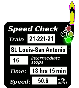 Train 21-221-21 (St. Louis-San Antonio): 16 stops, 18:15, 50.6 MPH