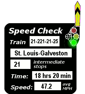 Train 21-221-21-25 (St. Louis-Galveston): 21 stops, 18:20, 47.2 MPH